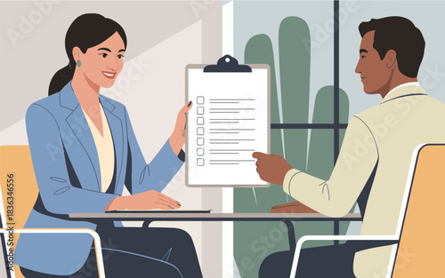 Two professionals in a meeting discussing a checklist on a clipboard