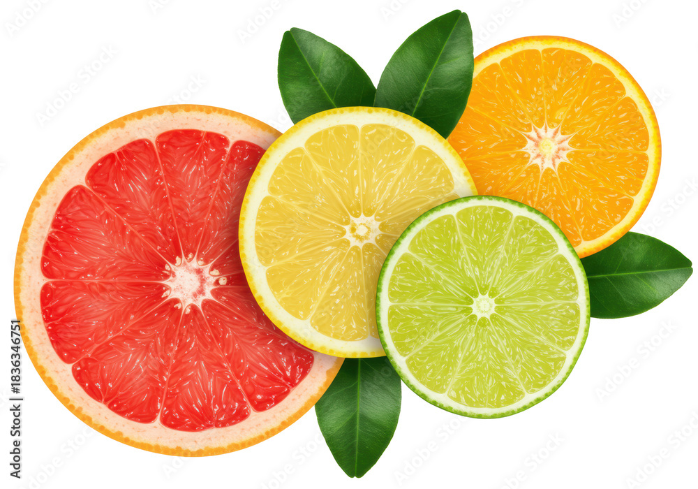 Fototapeta premium Close-up, flat lay of vibrant pink grapefruit, yellow lemon, juicy orange, and crisp green lime slices with fresh green leaves on a transparent background, soft studio light, concept of natural