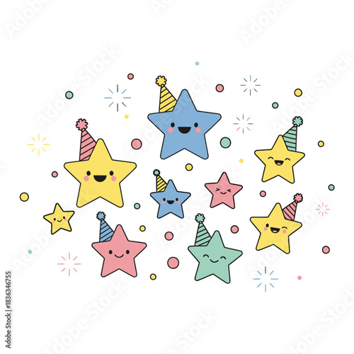 Cute kawaii style cartoon stars wearing party hats celebrating a birthday party