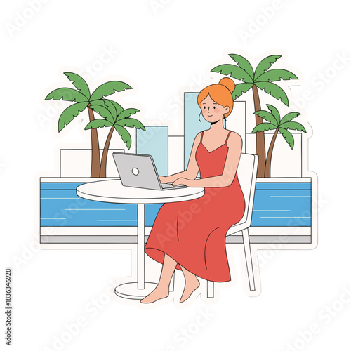 Young woman wearing a red dress working on a laptop at a table outdoors with palm trees and a cityscape in the background flat vector art illustration