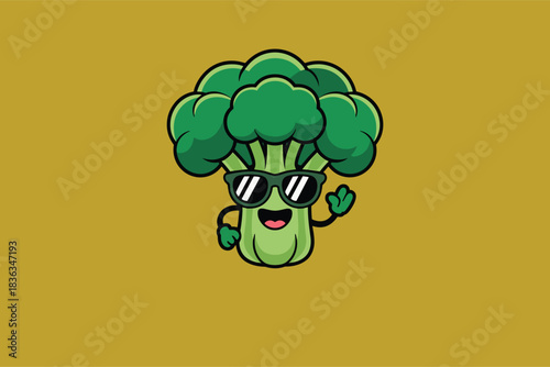 Cool cartoon broccoli character wearing sunglasses and waving, healthy food concept illustration