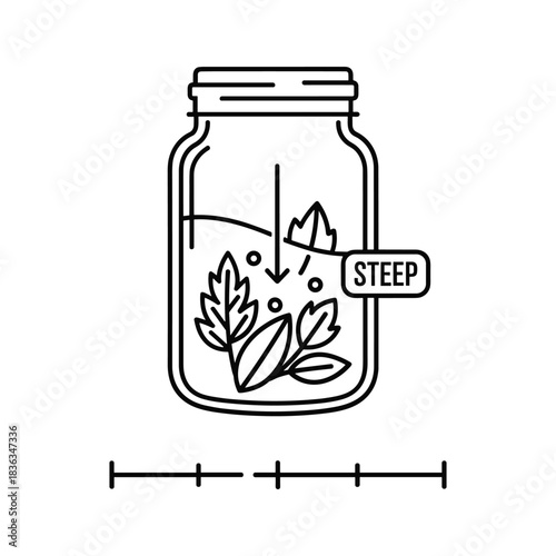 Steeping process outline icon, showing leaves soaking in a jar of liquid with a "STEEP" label, for brewing or infusion.