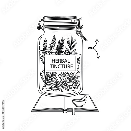 Herbal Tincture Jar with Medicinal Plants, Book, Mortar & Pestle Line Art