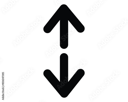 Two separate vertical arrows vector icon: distinct symbols for up and down, representing sorting, ordering, comparison, or vertical directions in a modern, rounded design.