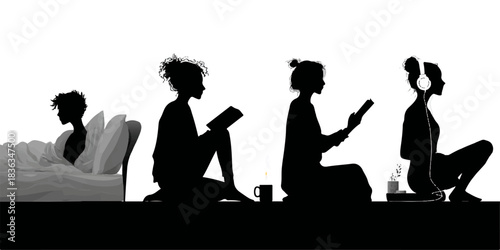 Silhouettes of people sitting and looking at their phones against a bright white background