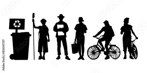 Diverse silhouettes of people engaged in environmental activities and daily life