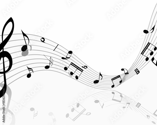 Elegant musical notes flow in a dynamic swirling black and white design