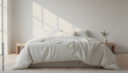 Clean white minimalist bedroom with bright morning sun streaming in