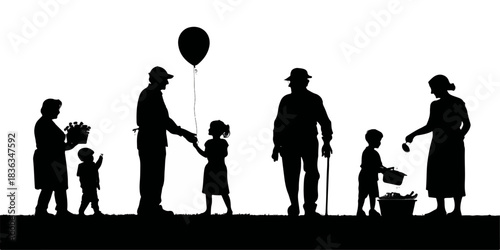 Silhouettes of diverse families and generations enjoying a sunny day with a balloon and gifts