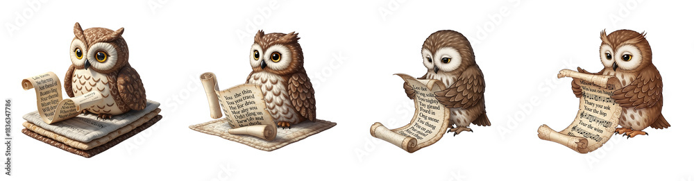 Naklejka premium Four Cartoon Owls Reading And Singing From Scrolls And Sheet Music On A Transparent Background Transparent Background