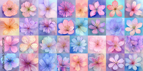 Soft pastel floral collage featuring delicate blossoms in a gentle gradient of colors