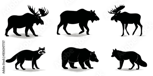 Collection of north american wildlife silhouettes including moose bear coyote and wolf on white background