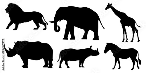 Collection of african safari animal silhouettes including lion elephant giraffe rhinoceros and zebra