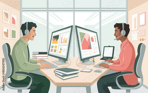 Two men working in a modern office setting, utilizing technology and data visualization on their computers