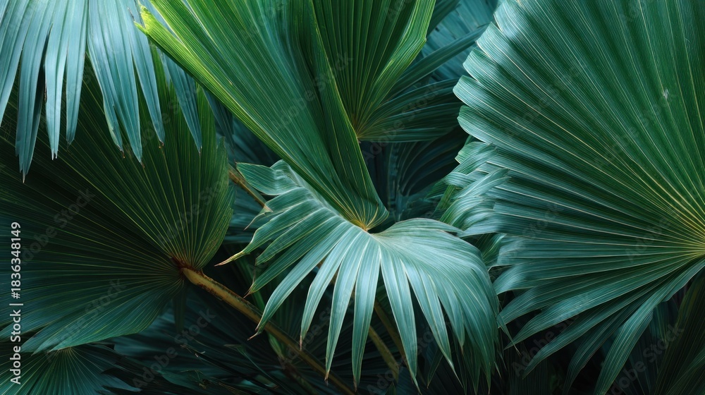 Fototapeta premium Tropical green palm leaves with intricate veining, set against a dark background, with a focus on the vibrant green color and intricate leaf patterns.