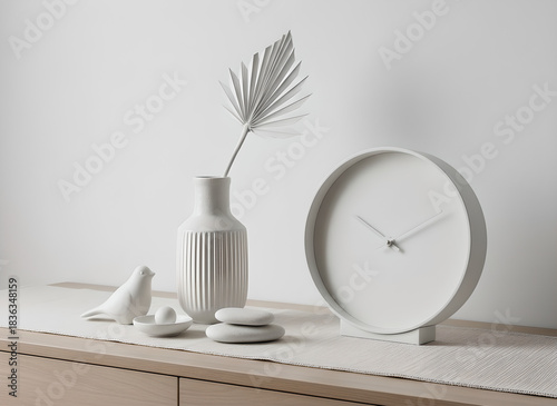 some elegant decorations like vase, dried flower, clock, and statues on a dresser - interir design inspiration for Pantone color of the year 2026 'cloud dancer'