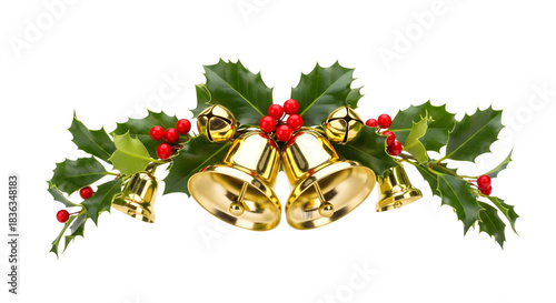 Christmas Bells with Holly Berries on Black