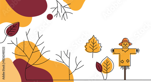 Whimsical autumn scene with a friendly scarecrow surrounded by falling leaves and abstract shapes in warm earthy tones evoking a cozy harvest season atmosphere
