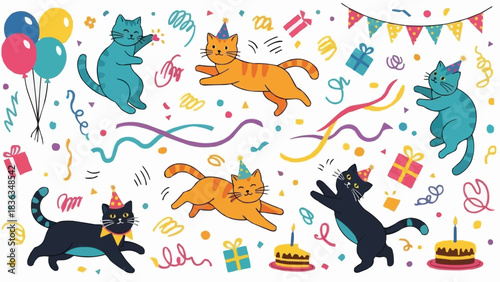 Set of Adorable Cartoon Cats Celebrating a Birthday Party.