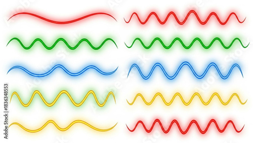 Set of Horizontal Colorful Christmas String Lights with Glowing Wave Shapes on White Background, Vector Style