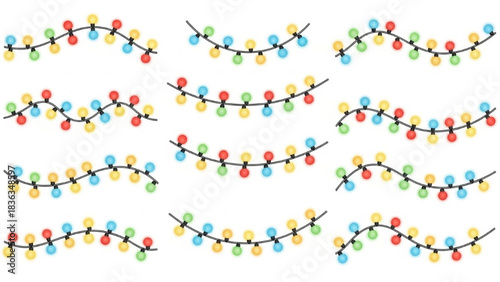 Set of Horizontal Colorful Christmas String Lights with Glowing Wave Shapes on White Background, Vector Style