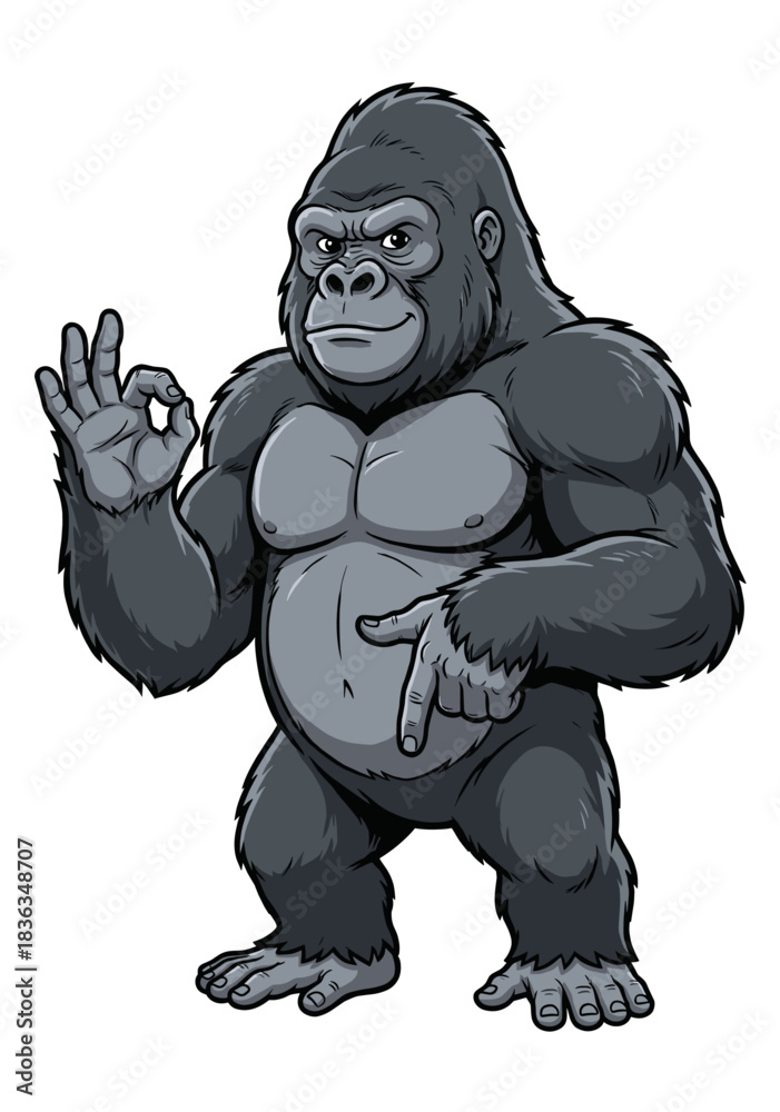 Naklejka premium Strong Cartoon Gorilla with OK and Pointing Down Meme Hands – Meme Animal Character Doing 6 7 Meme