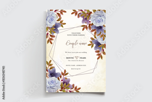 WEDDING INVITATION FRAME WITH FLOWER DECORATIONS AND FRESH LEAVES