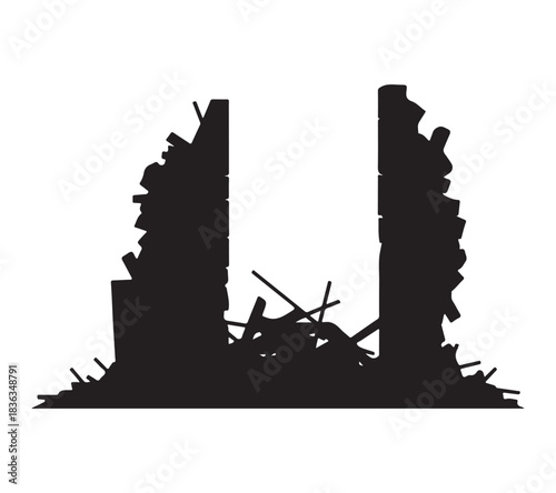  Abstract silhouette of destroyed building ruins with debris and rubble silhouette