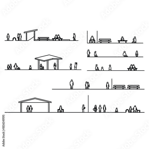 Minimalist line art people diverse public and park environments