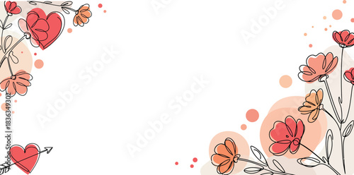 Whimsical hand drawn floral and heart corner border design with soft watercolor washes and delicate line art perfect for invitations greeting cards and romantic themes