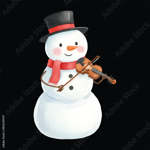 Cute snowman watercolor vector illustration as violinist isolated on black background
