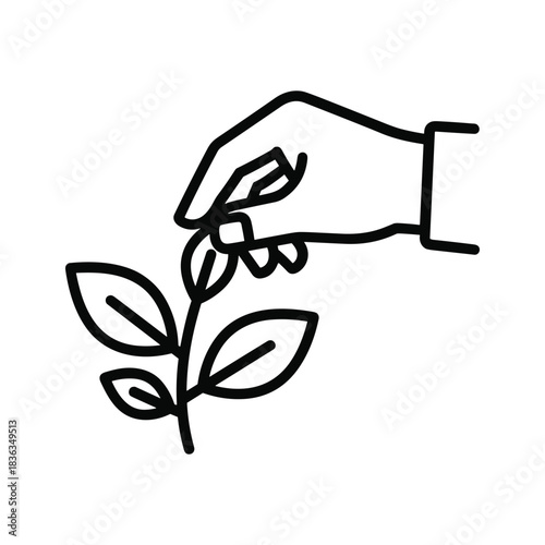 Hand Picking Leaf from Plant Outline Icon