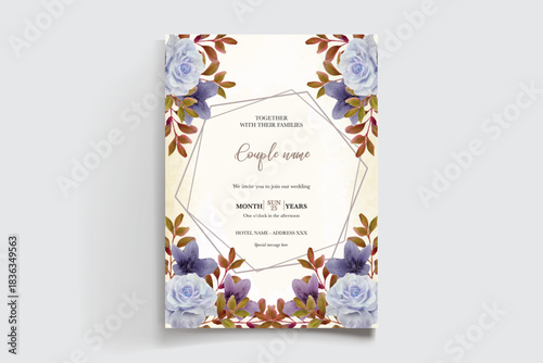 WEDDING INVITATION FRAME WITH FLOWER DECORATIONS AND FRESH LEAVES