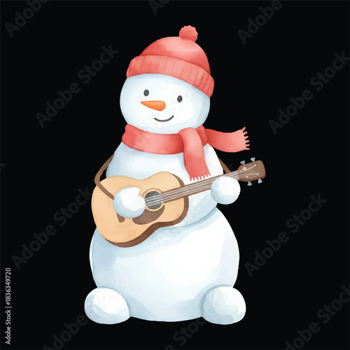 Cute snowman watercolor vector illustration as guitar musician isolated on black background
