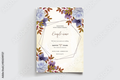 WEDDING INVITATION FRAME WITH FLOWER DECORATIONS AND FRESH LEAVES