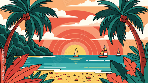 Beautiful beach scene with palm trees, boats on the water, and a sunset over the ocean, in a vector design