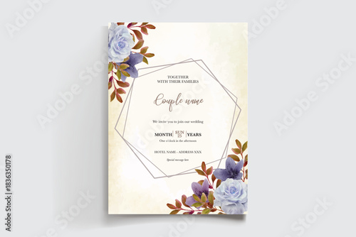 WEDDING INVITATION FRAME WITH FLOWER DECORATIONS AND FRESH LEAVES
