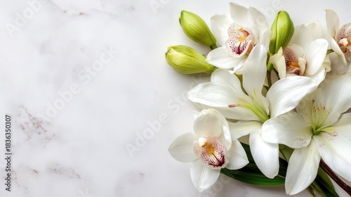 A beautiful bouquet of white orchids on a marble background with copy space.