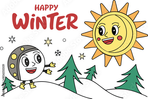 Happy Winter Solstice Illustration Design. Winter Solstice Seasonal Artwork. Festive Winter Solstice Greeting Design. Minimal Winter Solstice Line Art. Winter Solstice Celebration Illustration