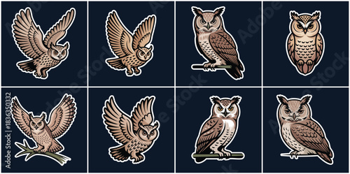 Wise Nocturnal Owl Icon Set with Flying and Perching Poses, Majestic Wild Predator Bird with Large Wings for Wildlife, Education, Nature Branding, and Knowledge Illustration
