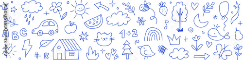 Doodle drawing collection, a seamless vector illustration background for children's design featuring cute, hand-drawn cartoon elements like animals, cars, and nature in a playful monoline style