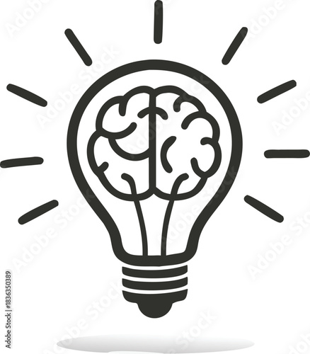 A lightbulb with a brain inside emits bright radiating light in a unique symbol