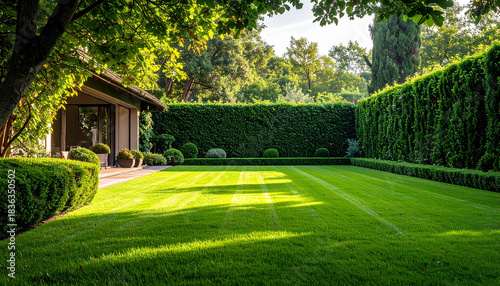 Sunny Backyard with Perfectly Trimmed Hedges and a Modern House garden lawn