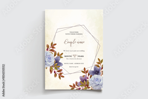 WEDDING INVITATION FRAME WITH FLOWER DECORATIONS AND FRESH LEAVES