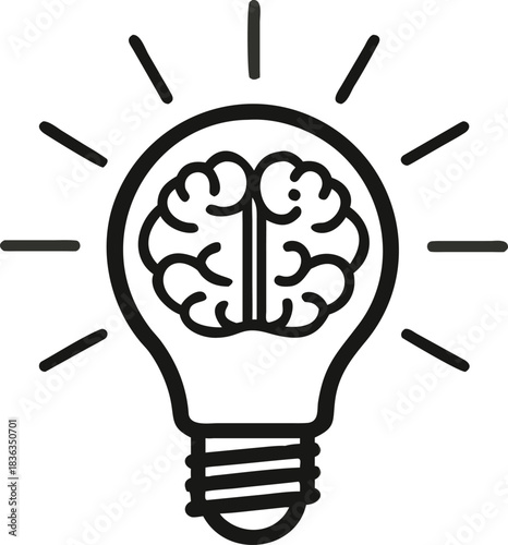 A stylized line drawing features a brain enclosed inside a glowing light bulb