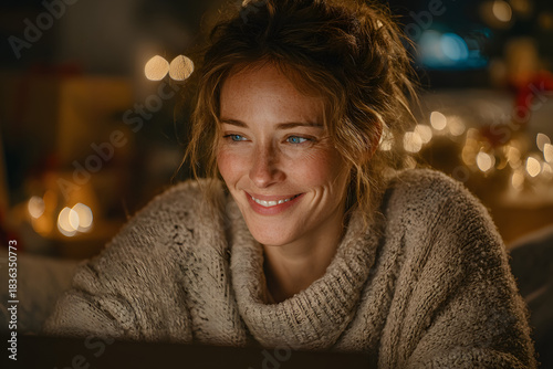 Joyful woman making video call over laptop on Christmas day at home.