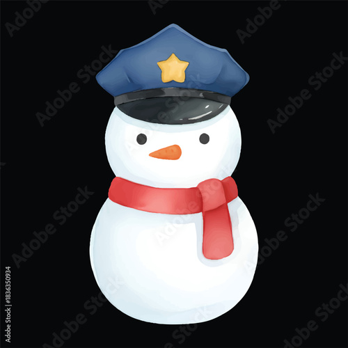 Cute snowman watercolor vector illustration as police officer isolated on black background
