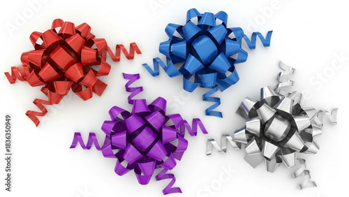 Realistic 3D Gift Bows in Red, Blue, Purple, and Silver, Top View on White Background, High Detail