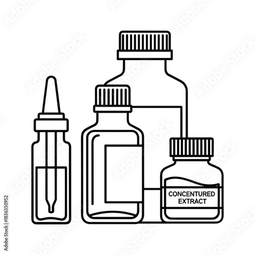Outline Icon Set of Pharmaceutical Bottles, Dropper Vials, and Concentrated Extract Containers