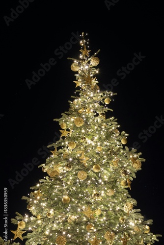 Golden Christmas tree on a black background decorated with festive balls, stars, and lights for a merry holiday celebration